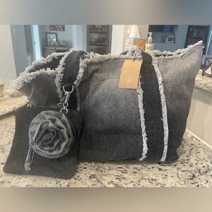 Steve Madden Tote Bag Black Gray Denim Fringe Edge Shoulder Bag & Accessories